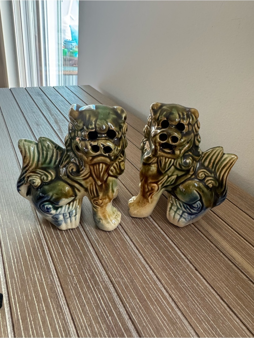 Vintage Okinawan Shisa Pair - Glazed Ceramic Guardian Lion Foo Dogs